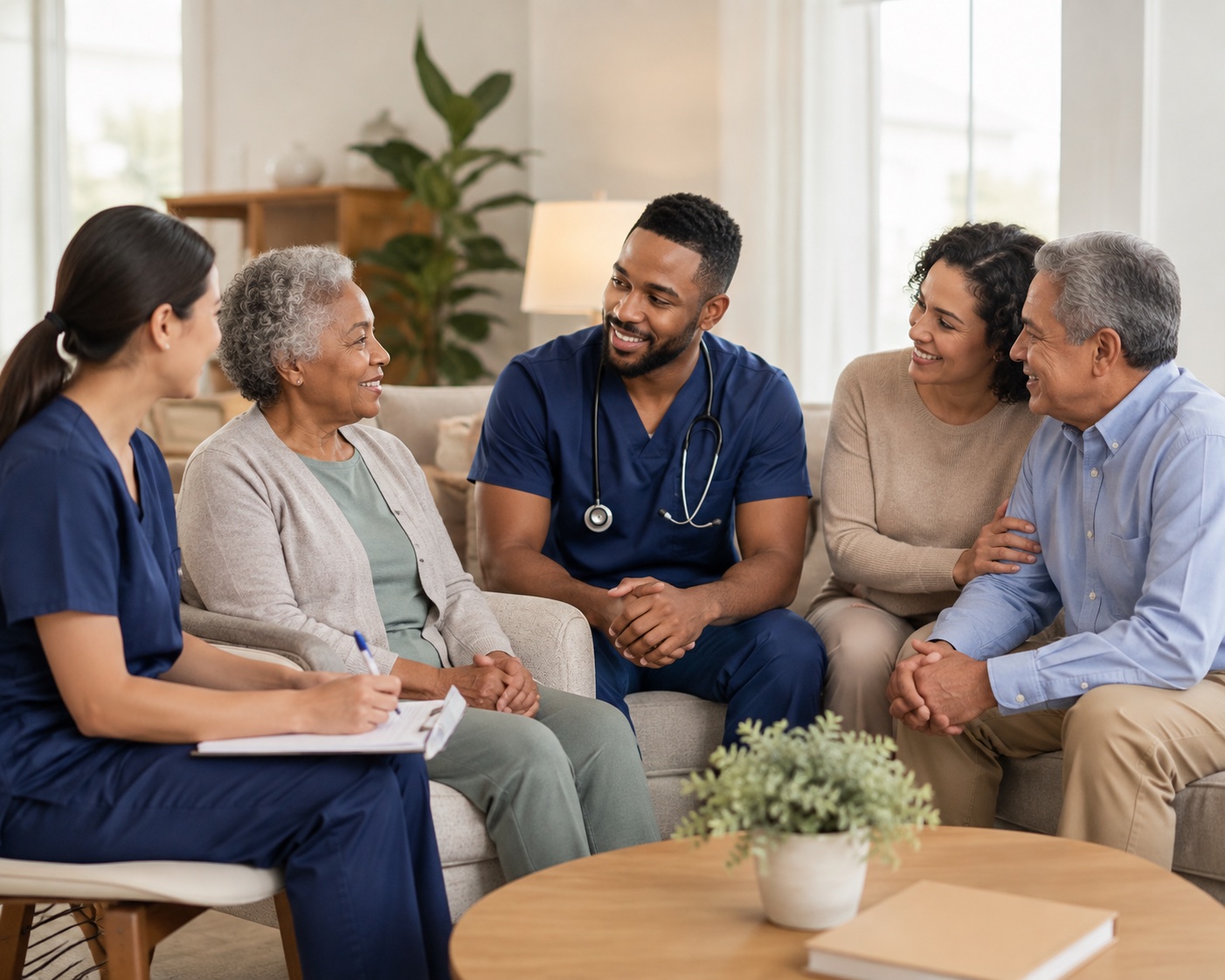 Care professionals meeting with an older adult and family members