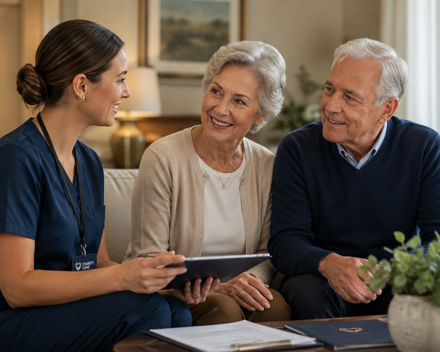 Charity Care professional discussing care options with an older couple